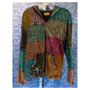 Unique boho patchwork hoodie w/embroidery, M, ECU!